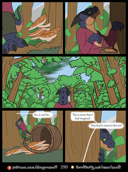 2_horns 3_toes anthro barefoot basket black_horn black_spikes blue_body bottomwear clothed clothing container dialogue dropping_object eyelashes feet female five_frame_image forest fungus furaffinity_logo green_eyes hiding_behind_tree horn looking_up mushroom outside page_number pants patreon_logo picking_mushrooms plant scared shadow shirt silhouette sky solo speech_bubble tail talking_to_self text toes topwear tree rimentus furaffinity patreon gemm_(rimentus) kobold scalie comic english_text hi_res multiple_scenes url