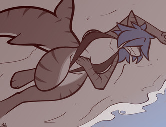 anthro beach big_breasts big_tail breasts cleavage clothed clothing female fin hair hair_over_eyes hair_over_face hand_behind_head hand_on_belly huge_tail long_hair lying non-mammal_breasts on_back one-piece_swimsuit sand shark_tail skimpy sling_bikini solo stripes swimwear tail tail_fin thick_thighs water wave wide_hips conditional_dnp lodi_(artist) talia_(talico) fish marine shark hi_res restricted_palette