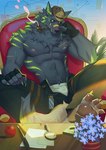 5_fingers anthro apple areola black_body black_fur canid canine claws clothing fingers flower food frde fruit fur hat headgear headwear magnifying_glass male mammal muscular muscular_anthro muscular_male nipples pawpads pecs plant smoking smoking_pipe solo