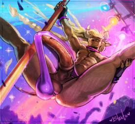 abs animal_genitalia animal_penis anthro balls big_balls big_butt big_penis blonde_hair blue_eyes braided_hair butt clothed clothing crowd dancing equine_genitalia equine_penis erection erection_under_clothing eyelashes fingerless_gloves genitals gloves glow_bracelet group hair handwear horn long_hair male medial_ring muscular muscular_male nipples penis pole pole_dancing public_erection solo_focus spread_legs spreading stretched_clothing stripper_pole tenting thong topless underwear underwear_only bleats bovid bovine cattle mammal 2025 absurd_res hi_res