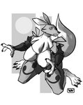 absurd_res anthro bandai_namco black_and_white black_sclera breasts canid canine canis claws digimon digimon_(species) female fur hi_res mammal monochrome renamon simple_background solo virushunter white_body white_fur