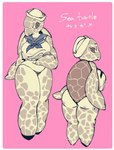 anthro bottomless brown_eyes clothed clothing female flippers front_view hat headgear headwear rear_view sailor sailor_cap sailor_collar sailor_uniform shell solo text topwear topwear_only sori0414 reptile scalie sea_turtle turtle hi_res japanese_text