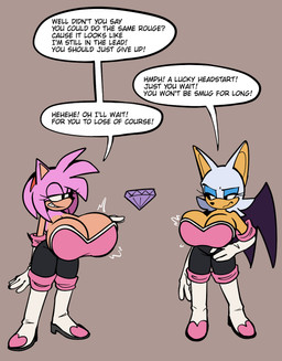 alternate_costume anthro bat_wings big_breasts bodysuit boots breast_expansion breasts chaos_emerald clothing clothing_swap cosplay dialogue duo expansion female female_anthro footwear gem gloves handwear huge_breasts membrane_(anatomy) membranous_wings shoes simple_background skinsuit speech_bubble text tight_clothing wings klacket sega sonic_the_hedgehog_(series) amy_rose rouge_the_bat bat eulipotyphlan hedgehog mammal 2026 digital_drawing_(artwork) digital_media_(artwork) english_text flat_colors hi_res
