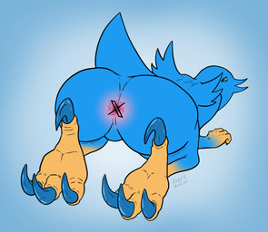 anthro anus beak blue_background blue_body blue_feathers blue_talons feathered_wings feathers feet gradient_background looking_at_viewer looking_back looking_back_at_viewer male open_mouth pink_anus presenting raised_tail simple_background solo spread_wings tail twitter_handle wings x_anus x_logo yellow_feet yellow_hands koryleo twitter x_(social_media) x_corporation tweetfur avian bird 2023 dated digital_media_(artwork) hi_res meme signature