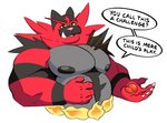 anthro big_muscles big_nipples candy chocolate claws dessert dialogue fire food fur looking_at_viewer male musclegut muscular muscular_anthro muscular_male narrowed_eyes nipples nude pawpads pecs simple_background smile solo talking_to_viewer teeth text tuft white_background splashburr nintendo pocky pocky_and_pretz_day pokemon generation_7_pokemon incineroar pokemon_(species) 2021 english_text hi_res