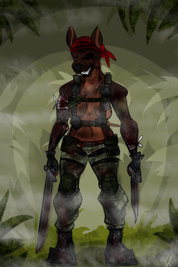 bandage belt blood bodily_fluids boots bottomwear breasts camo clothing explosives eye_patch eyewear female fog footwear forest gloves grenade handwear jungle kerchief knife looking_at_viewer machete melee_weapon military pants plant shoes smile soldier solo sword tattoo tree warrior weapon madnessandgiovanni0595 canid canine canis domestic_dog mammal hi_res