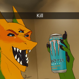 3_eyes anthro black_sclera black_tongue blue_eyes fingers holding_object looking_at_viewer male multi_eye multicolored_body narrowed_eyes sharp_teeth solo teeth teeth_showing text tongue unknown_artist monster_energy snapchat gemini_the_sergal sergal 1:1 2022