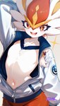 ambiguous_gender anthro clothing featureless_chest front_view fur jacket looking_at_viewer navel open_mouth pokemorph smile solo topwear unzipped_jacket white_body white_fur suahh nintendo pokemon cinderace generation_8_pokemon lagomorph mammal pokemon_(species) 2025 hi_res