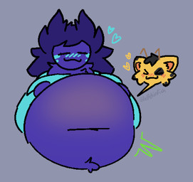 >w< abdominal_bulge antennae_(anatomy) anthro anthro_pred anthro_prey belly belly_focus big_belly big_breasts black_hair blush breasts clothed clothing dark_hair duo eyes_closed facial_tuft female female/female female_pred female_prey floating_heart front_view fur grey_background hair hand_on_belly heart_symbol huge_belly navel neck_tuft oral_vore purple_body purple_fur purple_hair rumbling_stomach safe_vore simple_background spots teal_clothing text topwear tuft vore willing_prey yellow_body fatfckinfish nala_(bugtummy) tako_(fatfckinfish) arthropod bee domestic_cat felid feline felis hybrid hymenopteran insect lepidopteran mammal moth digital_media_(artwork) english_text hi_res