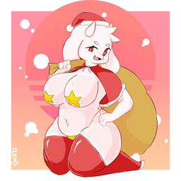 anthro big_breasts bikini border breasts christmas_clothing christmas_headwear clothing eyelashes fangs female floppy_ears front_view hand_on_hip hat headgear headwear holding_sack holidays horn huge_breasts kneeling legwear looking_at_viewer lop_ears navel nipple_outline open_mouth open_smile pasties pink_background red_clothing red_eyes red_headwear red_legwear red_thigh_highs santa_hat side-tie_bikini simple_background smile solo star_pasties string_bikini swimwear teeth thick_thighs thigh_highs two-piece_swimsuit white_border white_horn wide_hips yellow_bikini yellow_clothing yellow_swimwear mc233tkx christmas undertale_(series) toriel boss_monster_(undertale) bovid caprine goat mammal absurd_res hi_res