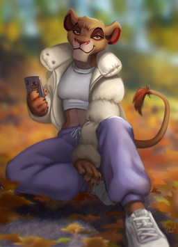 anthro anthrofied autumn autumn_leaves breasts brown_body brown_fur cellphone clothed clothing coat countershading drop_top electronics female footwear fur jacket looking_at_viewer midriff open_clothing open_jacket open_topwear outside pajama_pants phone purple_eyes shoes sitting sneakers solo topwear yellow_sclera reallynxgirl disney the_lion_king vitani_(the_lion_king) felid lion mammal pantherine 2020 hi_res