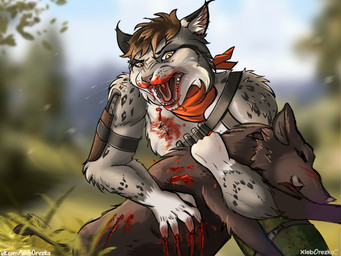 anthro bangs blood blurred_background bodily_fluids cruelty death feral gore hunter knife male solo text xleb0rezka felid feline felis lynx mammal suine wildcat 4:3 digital_media_(artwork) hi_res url