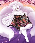 anthro black_clothing clothed clothing female front_view fur glistening glistening_eyes hair long_hair looking_at_viewer multicolored_eyes multicolored_hair orange_eyes pattern_clothing pregnant pregnant_anthro pregnant_female purple_hair sitting solo two_tone_eyes two_tone_hair white_body white_fur white_hair yellow_eyes tiggybloom canid canine mammal 2022 dated