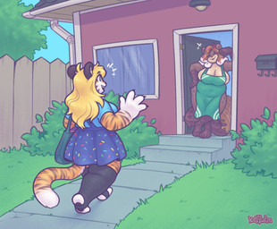 anthro apron apron_only barefoot big_breasts blonde_hair blue_bottomwear blue_clothing blue_shirt blue_skirt blue_topwear bottomwear breasts brown_body building clothing day detailed_background door duo eyes_closed feet female fence food grass green_apron green_clothing hair house legwear outside pawpads plant purple_eyes shirt shrub skirt smile standing stockings tail topwear walking window keffotin lauri_(nwazet) october_valentine beaver felid food_creature mammal pantherine rodent tiger 2022 digital_media_(artwork) hi_res trans_(lore) trans_woman_(lore)