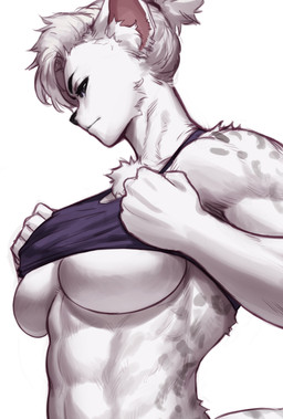 abs anthro breasts clothed clothing clothing_lift female fur hair looking_at_viewer medium_breasts midriff muscular muscular_female shirt shirt_lift simple_background solo tank_top tied_hair topwear under_boob white_background white_body white_fur white_hair sotcho rikki_landon felid leopard mammal pantherine absurd_res hi_res