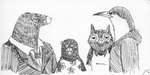 anthro apron beak black_body black_fur black_hair bow_tie clothing fur group hair ribbons shirt suit sweater topwear efradraws avian bird cuculiform eulipotyphlan eurasian_cuckoo mammal mole_(animal) owl star-nosed_mole monochrome pen_(artwork) traditional_media_(artwork)