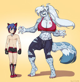 anthro athletic_wear big_breasts big_bulge blue_eyes bottomwear bra breasts bulge clothing collar colored_nails duo fur gloves gym_bottomwear gym_shorts gynomorph hair handwear huge_breasts intersex larger_gynomorph larger_intersex long_hair male markings muscular muscular_gynomorph muscular_intersex nails pants sharp_teeth shorts size_difference smaller_male smile smiling_at_another sports_bra sportswear spots spotted_body spotted_fur teeth tongue tongue_out torn_bottomwear torn_clothing torn_pants underwear white_hair naughtyjester rikki_landon felid human leopard mammal pantherine 2024 hi_res hieroglyphic_text signature