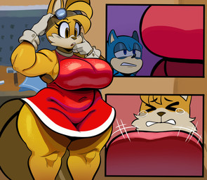 anthro big_breasts big_butt blue_body blue_skin bodily_fluids breasts butt clothing crossgender dress duo female mtf_crossgender tears thick_thighs wide_hips yellow_body yellow_skin isolatedartest sega sonic_the_hedgehog_(series) miles_prower sonic_the_hedgehog canid canine eulipotyphlan fox hedgehog mammal red_fox true_fox absurd_res hi_res