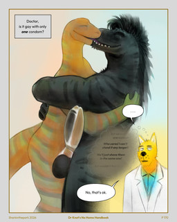 anthro balls black_body black_hair black_skin blue_clothing blue_shirt blue_topwear border claws clothing coat condom dialogue eyebrows eyes_closed filled_condom fur genitals grey_border group hair hug kissing lab_coat male markings orange_body orange_skin penis purple_tongue sexual_barrier_device shared_condom shirt speech_bubble striped_markings stripes tail teeth text thinking tongue topwear trio wearing_condom whisker_spots white_clothing white_coat white_topwear yellow_body yellow_fur sharkinthepark dr_knot_(sharkinthepark) dinosaur prehistoric_species reptile scalie snake 2026 4:5 absurd_res english_text hi_res