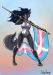 anthro breasts ears_up female flag flag_(object) flowing_hair genitals gradient_background hair holding_flag holding_object lgbt_pride looking_aside navel nude pride_color_flag pride_colors pussy simple_background solo transgender_pride_colors silkyfangs canid canine canis mammal wolf digital_media_(artwork) digital_painting_(artwork) full-length_portrait lol_comments portrait