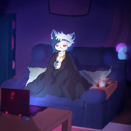 ambiguous_gender anthro bedding beverage blanket blue_body blue_fur blue_hair candy chocolate clothing computer container cozy cup dessert detailed_background electronics food fur furniture hair hat headgear headwear hot_chocolate laptop multicolored_body multicolored_ears multicolored_fur noodles pillow smug_face sofa solo white_body white_fur fuseadrift tetra_(yonkagor) felid mammal 1:1 hi_res