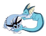 3_fingers 3_toes bite black_eyes black_nose blue_body dorsal_fin duo eyes_closed feet feral fin fingers frill_(anatomy) male nom simple_background tail tail_bite tail_in_mouth toes white_background spcrossing nintendo pokemon eeveelution generation_1_pokemon pokemon_(species) vaporeon hi_res