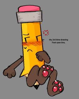 anthro blush bodily_fluids cross-popping_vein embarrassed feet female foot_fetish foot_focus furry_arms furry_legs grey_background pawpads paws pencil_(object) simple_background solo sweat text zyxxenise battle_for_dream_island object_shows pencil_(bfdi) animate_inanimate english_text hi_res