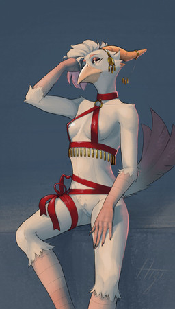 anthro areola beak blue_nipples breasts female fur genitals gold_(metal) gold_jewelry hair horn humanoid_genitalia humanoid_hands jewelry makeup medium_breasts navel nipple_outline nipples non-mammal_breasts non-mammal_navel non-mammal_nipples pink_hair relaxing ribbons sitting slim solo white_body white_fur erich_maler avian absurd_res hi_res