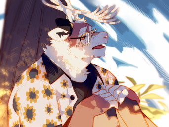 anthro black_eyes eyewear freckled_face freckles fur glasses male orange_sclera plant red_body red_fur sitting_on_grass solo tree tuft wearing_glasses white_body white_fur hemuchang deer mammal moose new_world_deer 2023 hi_res warm_colors
