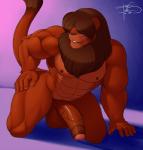 abs anthro athletic balls biceps big_balls big_muscles big_penis biped black_nose brown_body brown_fur brown_hair brown_nipples erection foreskin fur genitals grin hair humanoid_genitalia humanoid_penis kneeling male muscular muscular_anthro muscular_male nipples nude partially_retracted_foreskin pecs penis pose smile solo teeth vein veiny_penis whiskers freckles_(artist) cayenne_(freckles) felid lion mammal pantherine 2014 digital_media_(artwork)