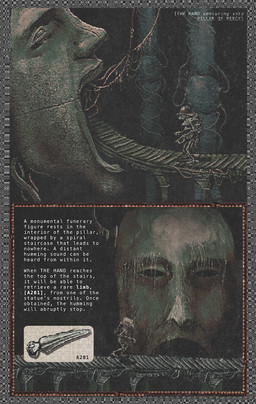 ambiguous_gender bridge cable detailed_background horror_(theme) lips not_furry open_mouth science_fiction solo text weapon plastiboo godhusk the_hand_(godhusk) biomechanical humanoid vessel_(godhusk) character_name english_text official_art