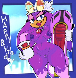 anthro areola bandeau big_breasts biped blue_eyes breasts clothing collar curvy_figure extreme_gear eyelashes eyewear eyewear_on_head feathers female front_view genitals gloves half-closed_eyes handwear hourglass_figure huge_hips kerchief long_eyelashes narrowed_eyes navel nipples non-mammal_breasts non-mammal_navel non-mammal_nipples nude open_mouth pubes purple_areola purple_body purple_feathers purple_nipples small_waist smug_face solo sunglasses sunglasses_on_head text thick_thighs topwear vulva wearing_sunglasses white_bandeau white_clothing white_topwear wide_hips mschaox6 sega sonic_riders sonic_the_hedgehog_(series) wave_the_swallow avian bird hirundinid oscine passerine swallow_(bird) english_text hi_res