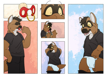 age_regression ageplay anthro clean_diaper clothed clothing diaper infantilism male object_in_mouth pacifier pacifier_in_mouth regression roleplay solo surprised tail wearing_diaper white_diaper yellow_eyes moose_bmd mammal unknown_species