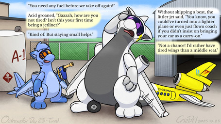 aircraft airplane_body airplane_ears airplane_wings ambiguous_gender belly blue_body cloud cloudy_sky dialogue duo engine eye_contact eyebrows fence fuel_pump fuel_tank grey_belly head_tuft looking_at_another machine multicolored_body name_in_narration narration open_mouth orange_eyes purple_eyes sky text tuft two_tone_body vehicle visor_eyes warehouse wheel white_body crizbn airbus mcdonnell_douglas chris_(crizbn) aeromorph airplane_dragon living_aircraft living_machine living_vehicle 16:9 2025 english_text hi_res widescreen nonbinary_(lore)