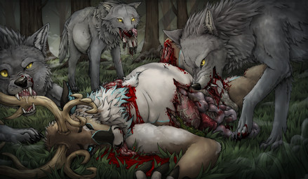 ambiguous_gender anthro antlers bite blood bodily_fluids crying death dismemberment entrails feral forest gore group guts hard_vore horn intestines male oral_vore organs plant tears tree vore themirth cedarbou canid canine canis deer mammal new_world_deer reindeer wolf hi_res