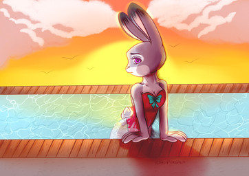 ambient_silhouette anthro breasts cleavage clothed clothing cloud dipstick_ears ear_markings female fur grey_body grey_fur group multicolored_ears one-piece_swimsuit outside partially_submerged purple_eyes scut_tail short_tail silhouette sky solo_focus sunset swimwear tail water dariamorgan disney zootopia judy_hopps ambient_bird ambient_flier avian bird lagomorph leporid mammal rabbit 2018 hi_res