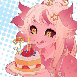 anthro birthday black_sclera blueberry_(fruit) cake candle clothed clothing dessert female food fruit hair holding_food holding_object licking licking_lips long_hair pink_body plant solo strawberry tongue tongue_out white_hair yellow_eyes ansart bibi_(ansart) amphibian aquatic axolotl mole_salamander salamander 1:1 hi_res