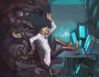 anthro biped black_nose book bottomwear brown_eyes cathode_ray_tube chair clothed clothing clutter computer_keyboard detailed_background electronics fur furniture globe grin kemono landline_phone male monitor office_chair pants phone raised_leg reclining science science_fiction sharp_teeth shirt sitting smile solo table teeth toony topwear yellow_body yellow_fur vu06 canid canine fox mammal 2009 detailed