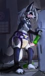 alcohol anthro appliance baby_bottle beverage blush bodily_fluids clothed clothing collar crop_top detailed_background diaper drooling drunk female fridge fur genital_fluids grey_body grey_fur kitchen kitchen_appliance saliva shirt solo standing substance_intoxication topwear unclean_diaper urine used_diaper wearing_diaper wet_diaper white_body white_fur nappywolf helluva_boss mythology loona_(helluva_boss) canid canid_demon canine demon hellhound mammal mythological_canine mythological_creature hi_res