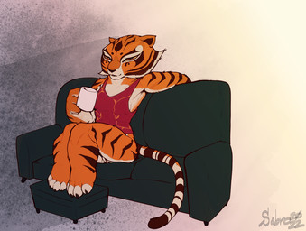 4_toes anthro asian_clothing biped bottomless bottomless_anthro bottomless_female clothed clothing container cup feet female female_anthro fur furniture genitals holding_object legs_together looking_at_viewer markings mug on_sofa reclining relaxing sitting sitting_on_sofa smile sofa solo striped_body striped_fur striped_markings striped_tail stripes tail tail_markings toes topwear vulva year sabrotiger dreamworks kung_fu_panda master_tigress felid mammal pantherine south_china_tiger tiger 2022 dated hi_res signature