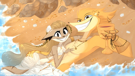 anthro armor beach bottomless bottomless_female bottomwear bra breasts casual_exposure cleavage clothed clothing container cup duo featureless_crotch female goblet handwear lying male male/female midriff navel outside partially_clothed partially_clothed_female prosthetic prosthetic_arm prosthetic_limb romantic romantic_ambiance romantic_couple sand seashell seashell_bra seashell_in_hair seaside shell skirt tail topless topless_male topwear translucent translucent_bottomwear translucent_clothing translucent_skirt translucent_veil underwear veil water siliciaart in_the_burrow allison_mccanidae joshua_desert canid canine canis coyote dipodomyine heteromyid kangaroo_rat mammal rodent 16:9 2025 hi_res widescreen