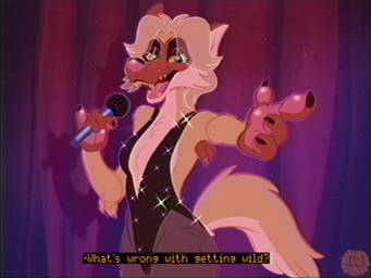 anthro armpit_hair biped body_hair clothing curtains dialogue elderly electronics fake_screencap female gesture hand_gesture mature_female microphone pointing pointing_at_viewer sharp_teeth solo sparkles sparkling_clothing stage teeth text toony vhs_filter cherryl conditional_dnp canid mammal 4:3 english_text
