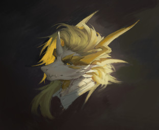 anthro black_clothing black_topwear blonde_hair clothed clothing hair horn long_hair male mouth_closed pupils simple_background slit_pupils solo three-quarter_view topwear unsigned white_body white_clothing white_topwear yellow_eyes yellow_horn awaldkize mythology dragon mythological_creature mythological_scalie scalie bust_portrait hi_res portrait