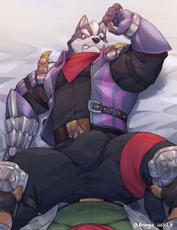 anthro anthro_on_anthro armband armor barazoku bed bedding bedding_background belt big_bulge big_muscles blush bracers bulge clenched_teeth clothed clothing detailed_bulge duo erection erection_under_clothing eye_patch eyebrows eyewear fingerless_gloves first_person_view fur furniture genital_outline gloves hair handwear huge_muscles huge_thighs imminent_anal imminent_sex jacket jumpsuit kemono kerchief knee_pads looking_at_viewer lying male male/male muscular muscular_anthro muscular_male neckerchief neckwear on_back on_bed open_clothing open_jacket open_topwear pauldron penis_outline red_kerchief red_neckerchief solo_focus spread_legs spreading teeth text thick_thighs topwear tuft youhei79384157 nintendo star_fox fox_mccloud wolf_o'donnell canid canine canis fox mammal wolf 2023 dated hi_res url