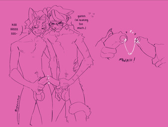 anthro arm_tuft athletic athletic_anthro athletic_male balls big_penis blush blush_lines bodily_fluids body_hair clenched_teeth close-up dialogue duo elbow_tuft embarrased_horny embarrassed eyes_closed eyewear facial_scar foreskin fur genital_fluids genitals glans glasses hair happy_trail holding_penis humanoid_genitalia humanoid_penis male male/male nails nipples nude_anthro nude_male onomatopoeia pawpads penile penis penises_touching pink_background precum precum_string scar shoulder_tuft simple_background smile sound_effects striped_arms striped_body striped_fur stripes tail teeth text tuft unretracted_foreskin wavy_hair wearing_glasses nerunaur errato_(noirzvault) spot_(noirzvault) domestic_cat felid feline felis mammal 2025 artist_name digital_drawing_(artwork) digital_media_(artwork) english_text hi_res monochrome