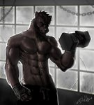 abs anthro beard bicep_curl clothed clothing dumbbell exercise facial_hair male muscular muscular_anthro muscular_male scar solo topless weightlifting weights workout bleats realm_of_earth_defence_force white_oyster ignatiy_aleksandrovich_kondratiev bear mammal 2018 digital_media_(artwork) hi_res signature