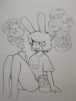 anthro beverage blush blush_lines bottomless bottomless_anthro bottomless_male clothed clothing cloud femboy food fur hair holding_beverage holding_object long_ears male open_mouth open_smile popcorn rain_cloud raining shirt shirt_only sitting skull_symbol smile snack solo speech_bubble t-shirt text topwear topwear_only shiftyeen five_nights_at_freddy's mario_bros nintendo scottgames lagomorph leporid mammal rabbit 2026 3:4 graphite_(artwork) hi_res monochrome traditional_media_(artwork)