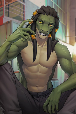 abs anthro athletic athletic_anthro black_clothing bottomwear city clothed clothing countershading detailed_background dreadlocks featureless_chest green_body green_skin hair inside long_hair male muscular muscular_anthro muscular_male navel pants scales sitting smile solo teeth topless urban yellow_eyes wildering ikshun lizard reptile scalie 2021 2:3 digital_media_(artwork) hi_res shaded