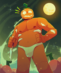 abs anthro belly biceps clothing cloud food for_a_head fruit glowing glowing_eyes glowing_markings hand_on_hip holding_object holding_weapon holidays jack-o'-lantern knife looking_at_viewer male markings moon muscular muscular_anthro muscular_male nipples pecs plant pumpkin pumpkin_head pumpskinner_(dinxiemintie) sky smile smiling_at_viewer solo thong underwear weapon dinxiemintie halloween patreon object_head hi_res