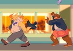 angry anthro belly blush bottomwear brown_body brown_fur carrying_another clothed clothing fully_clothed fur group kemono male necktie overweight overweight_male pants shirt topwear aru7g bear lagomorph leporid mammal rabbit 2020 hi_res